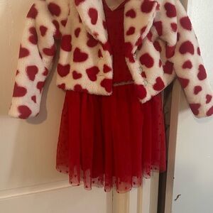Red Heart Patterned Kids Dress with Jacket